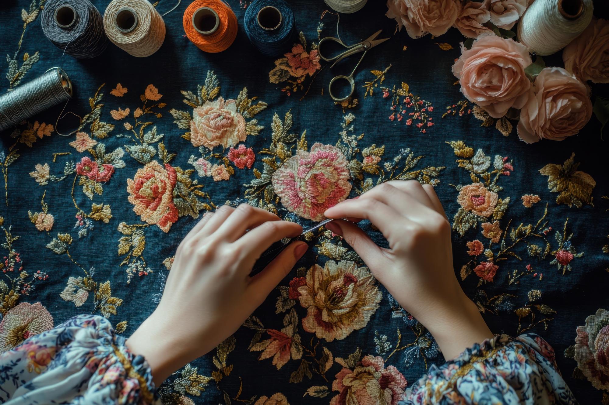 artisan stitching a floral embroidery on linen